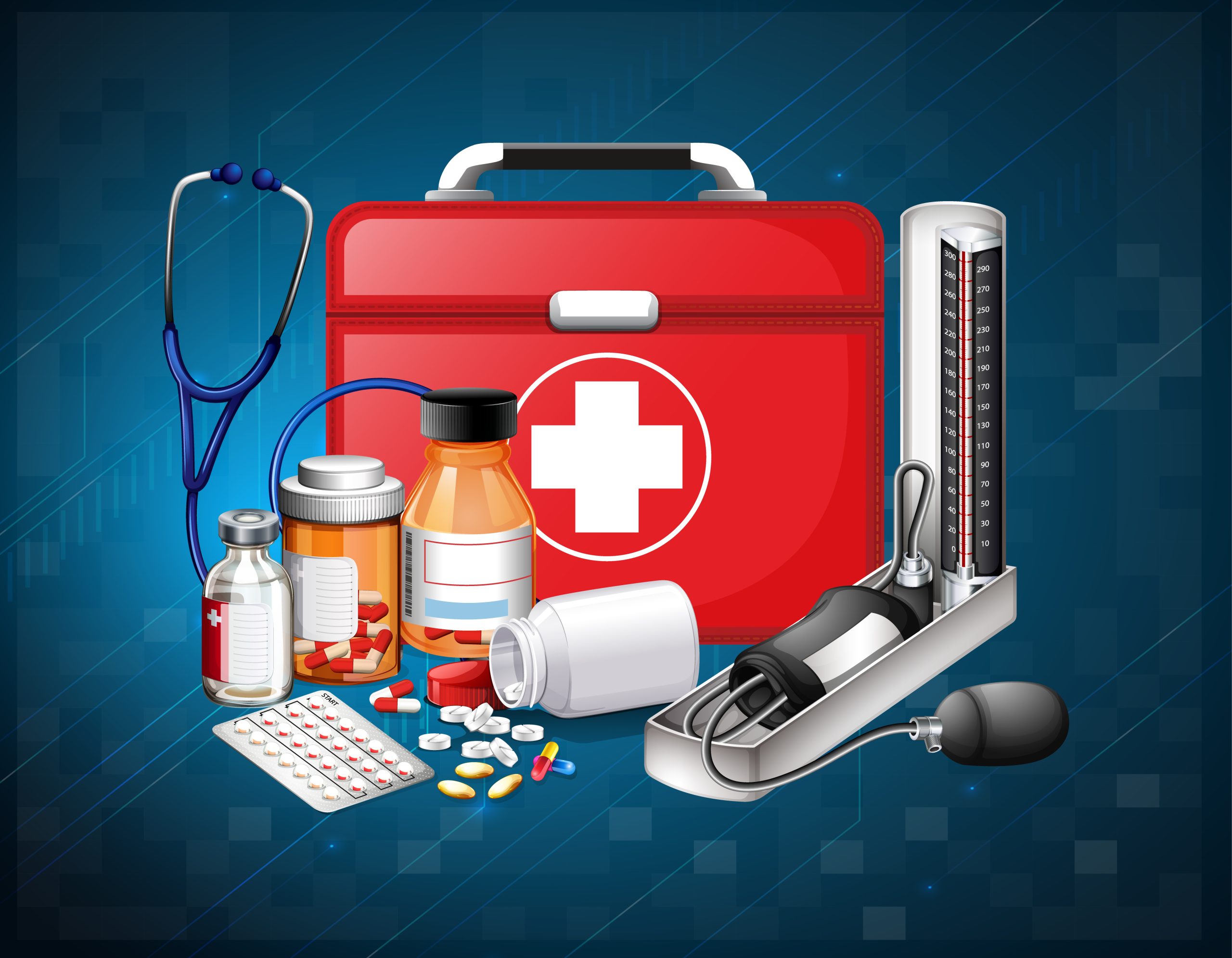 Medical equipments and medicine on blue background illustration