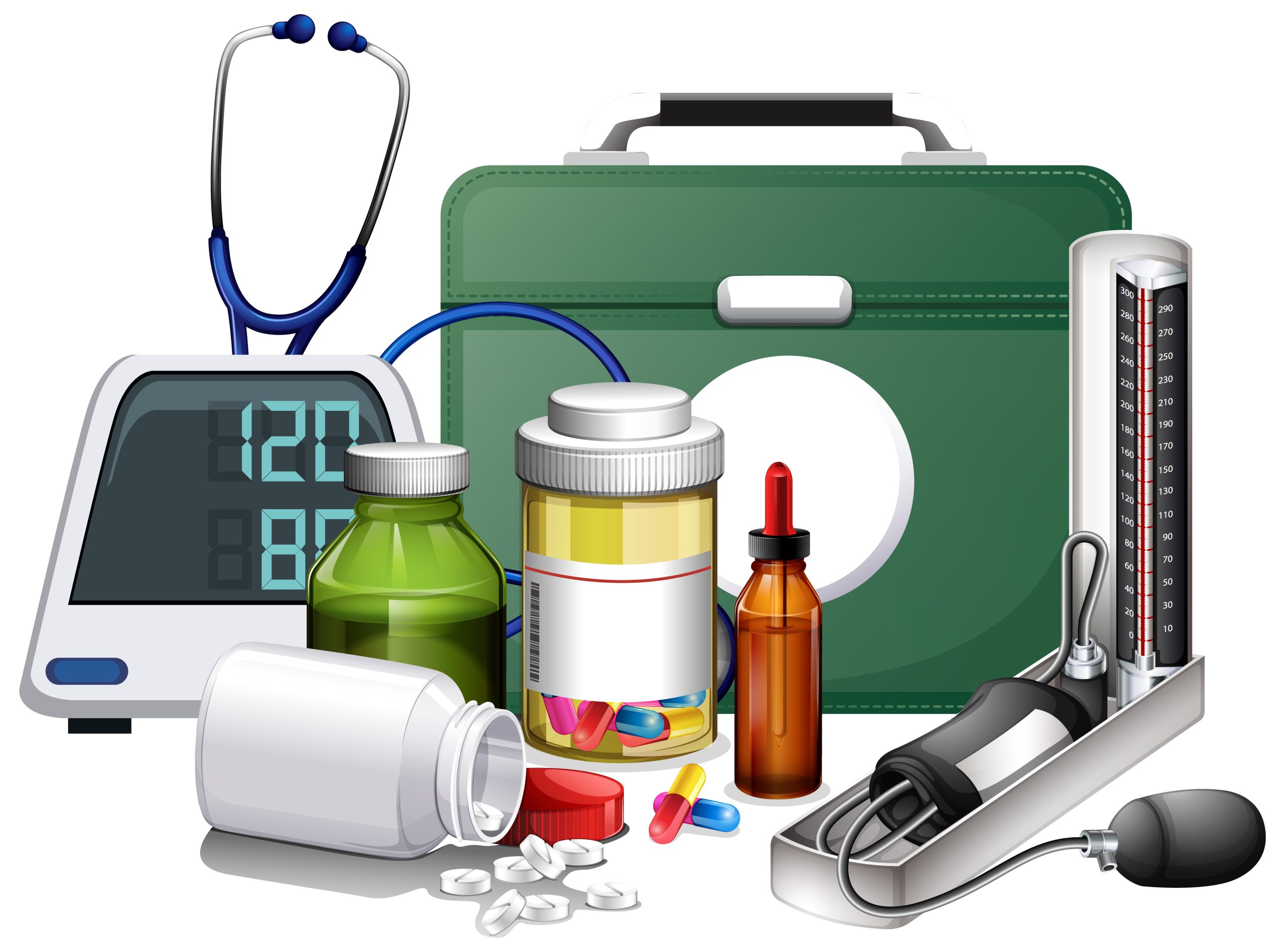 Many medical equipments and medicine on white background illustration