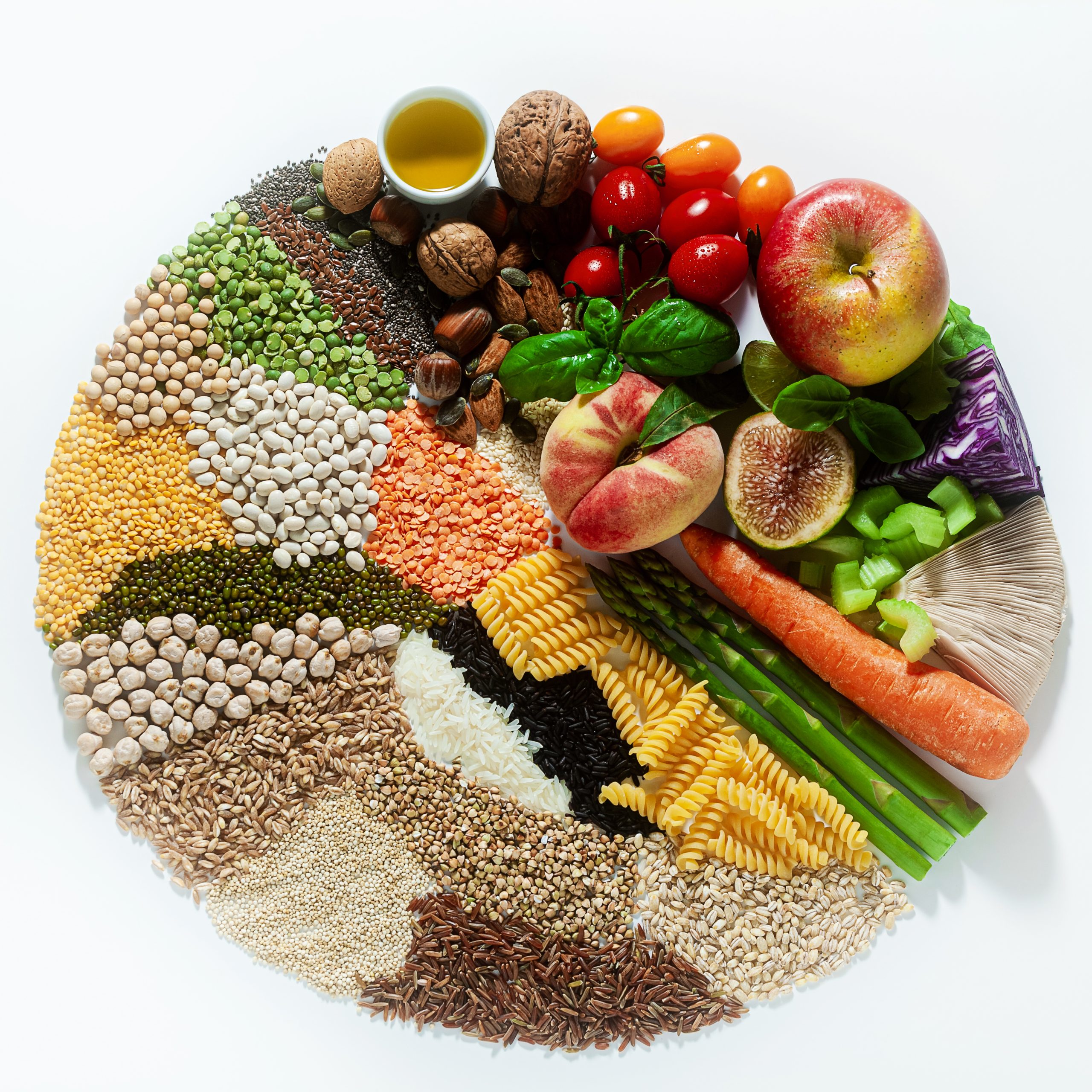 circle of basic vegan ingredients and products. cereals, legumes, fresh vegetables and fruits, oils, seeds and nuts. balanced healthy diet isolated on white